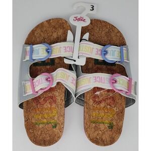 Justice Sandals Kids Size 3 Silver NEW Holographic Cork Slide Rainbow Logo